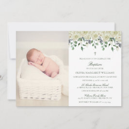 White Floral Elegant Photo Baptism Invitation Kaart