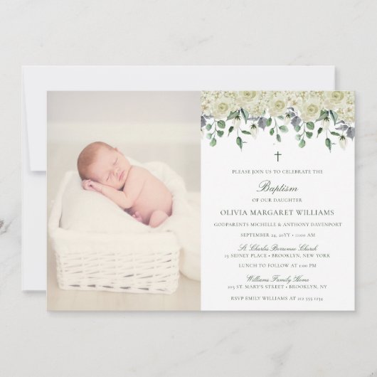 White Floral Elegant Photo Baptism Invitation Kaart (Voorkant)