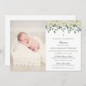 White Floral Elegant Photo Baptism Invitation Kaart (Voorkant / Achterkant)