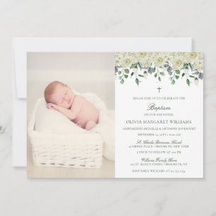 White Floral Elegant Photo Baptism Invitation Kaart