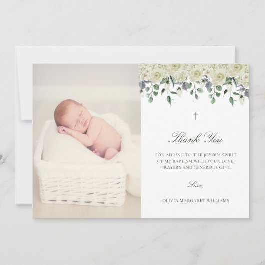 White Floral Elegant Photo Baptisme Hartelijk dank Bedankkaart (Voorkant)