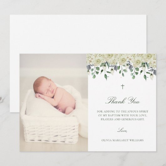 White Floral Elegant Photo Baptisme Hartelijk dank Bedankkaart (Voorkant / Achterkant)
