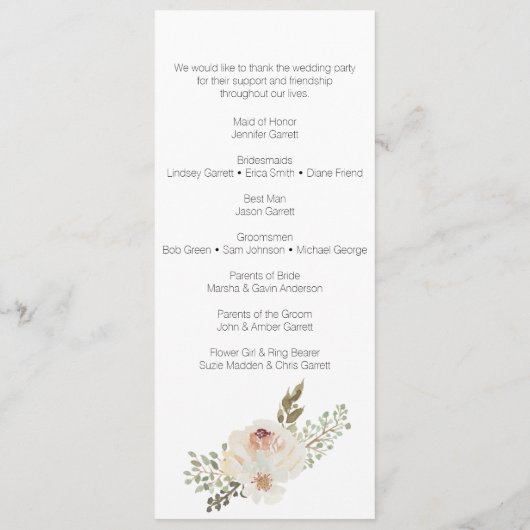 White Floral Elegant Romantic Wedding Programmakaart (Achterkant)