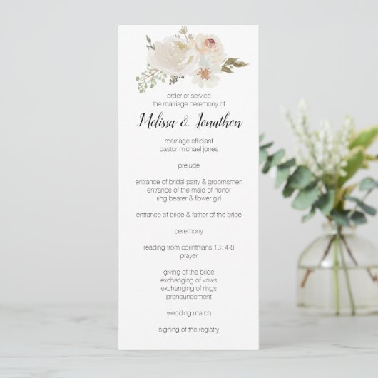 White Floral Elegant Romantic Wedding Programmakaart (Staand voorkant)