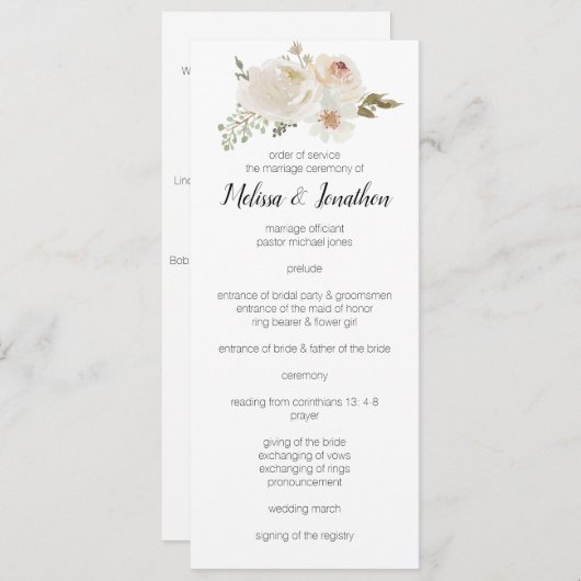 White Floral Elegant Romantic Wedding Programmakaart (Voorkant / Achterkant)