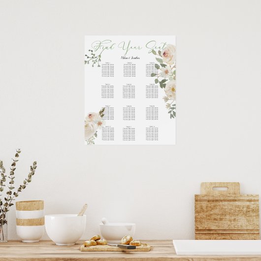 White Floral Elegant Wedding Seating Chart Poster (Keuken)