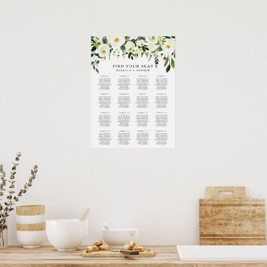White Floral Elegant Wedding Seating Chart Poster (Keuken)