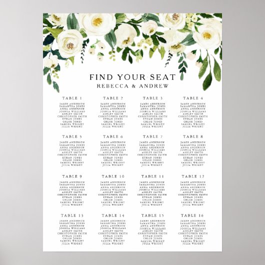 White Floral Elegant Wedding Seating Chart Poster (Voorkant)