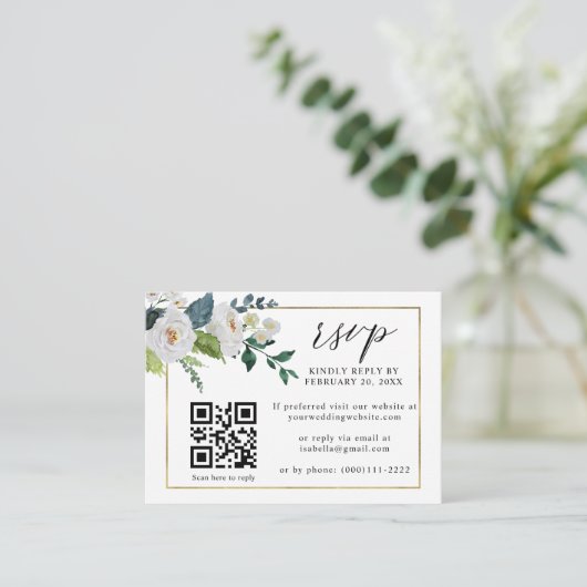White Floral Emerald Gold QR Code Weddenschap RSVP Informatiekaartje (Staand voorkant)