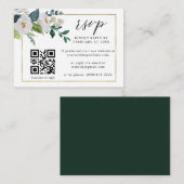 White Floral Emerald Gold QR Code Weddenschap RSVP Informatiekaartje (Voorkant / Achterkant)