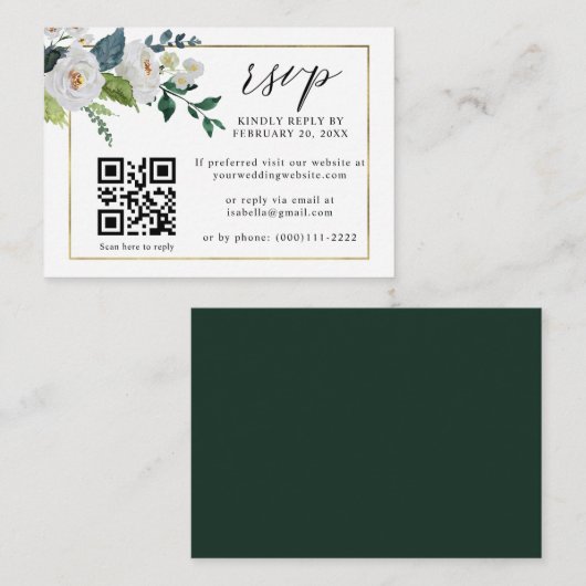 White Floral Emerald Gold QR Code Weddenschap RSVP Informatiekaartje (Voorkant / Achterkant)