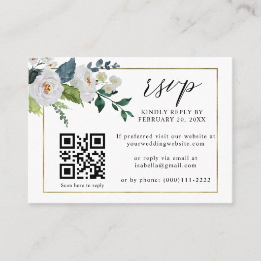 White Floral Emerald Gold QR Code Weddenschap RSVP Informatiekaartje (Voorkant)