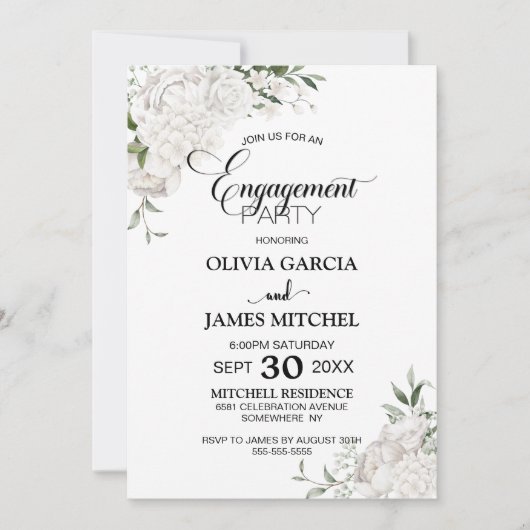 White Floral Engagement Party Kaart (Voorkant)