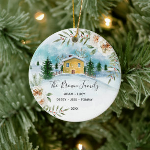 White Floral Family KerstHouse Ornament Gift