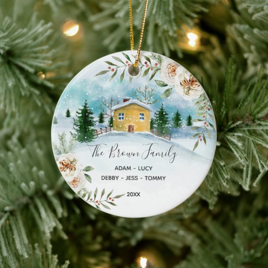 White Floral Family KerstHouse Ornament Gift (Boom)