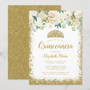 White Floral Faux Gold Glitter Tiara Quinceanera Kaart