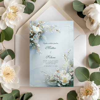 White Floral Feather Gold Frame Elegant Wedding Kaart