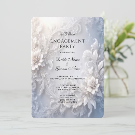 White Floral Flourish Verloving Uitnodiging (Staand voorkant)