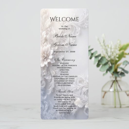 White Floral Flourish Wedding Programma Programmakaart (Staand voorkant)