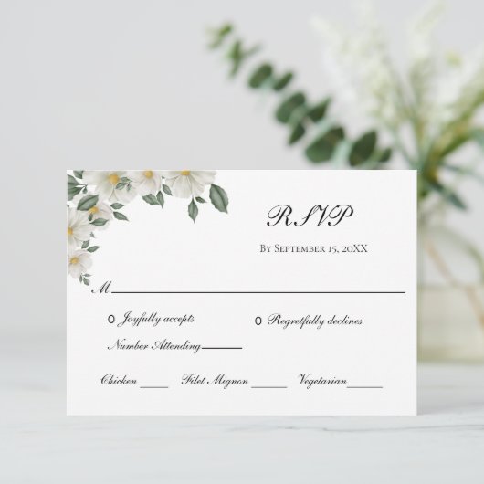 White Floral Flower Elegant Formal Classic Wedding RSVP Kaartje (Staand voorkant)