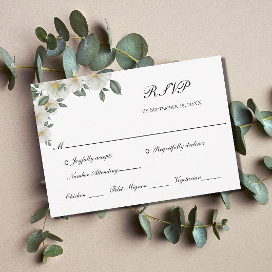 White Floral Flower Elegant Formal Classic Wedding RSVP Kaartje