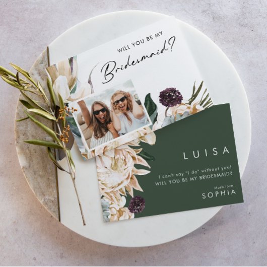White Floral Foto Bridesmaid Voorstel Uitnodiging