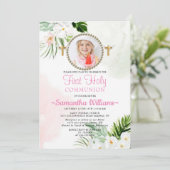 White Floral Foto eerste communiqué Kaart (Staand voorkant)