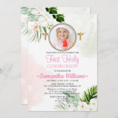 White Floral Foto eerste communiqué Kaart (Voorkant / Achterkant)