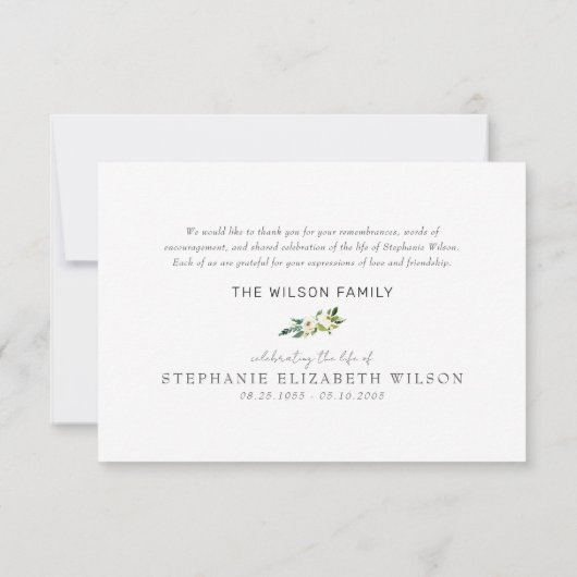 White Floral Funeral Bereavement Modern Bedankkaart (Achterkant)