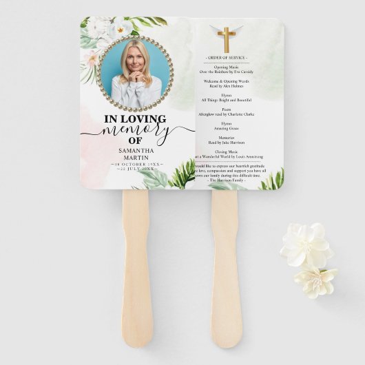 White Floral Funeral Celebration of Life Hand Fan Handwaaier (Voorkant en achterkant)