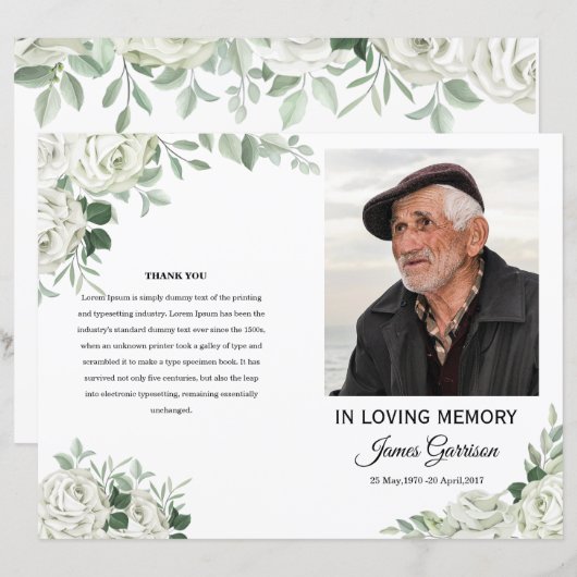 White Floral Funeral Programme Sjabloon (Voorkant / Achterkant)