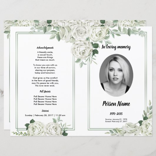 White Floral Funeral Programme Sjabloon (Voorkant / Achterkant)