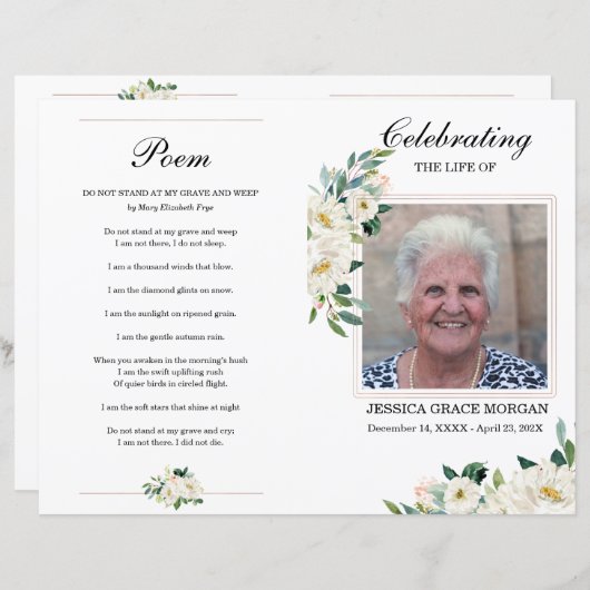 White Floral Funeral Programme Sjabloon (Voorkant / Achterkant)