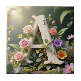White Floral Garden Monogram Letter A Tegeltje