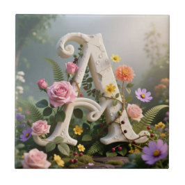 White Floral Garden Monogram Letter A Tegeltje