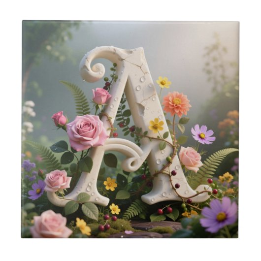 White Floral Garden Monogram Letter A Tegeltje (Voorkant)