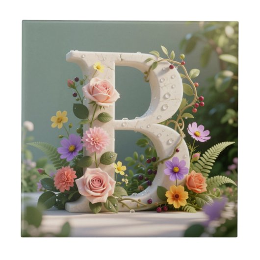 White Floral Garden Monogram Letter B Tegeltje (Voorkant)