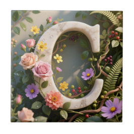 White Floral Garden Monogram Letter C Tegeltje