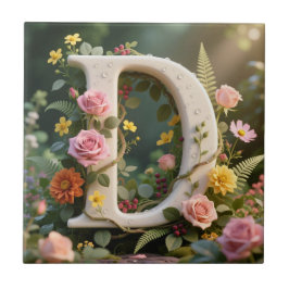 White Floral Garden Monogram Letter D Tegeltje