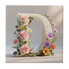White Floral Garden Monogram Letter D Tegeltje