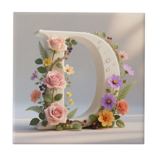 White Floral Garden Monogram Letter D Tegeltje (Voorkant)