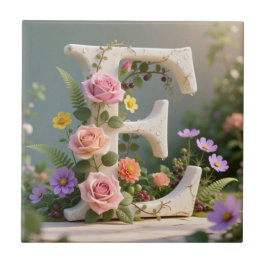 White Floral Garden Monogram Letter E Tegeltje