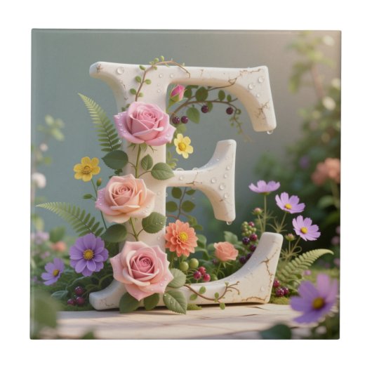 White Floral Garden Monogram Letter E Tegeltje (Voorkant)