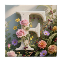 White Floral Garden Monogram Letter F Tegeltje