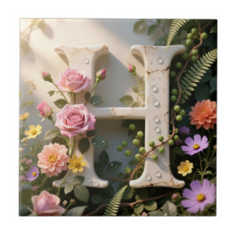 White Floral Garden Monogram Letter H Tegeltje