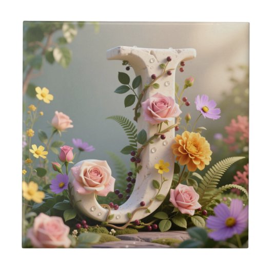 White Floral Garden Monogram Letter J Tegeltje (Voorkant)