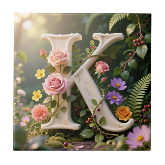 White Floral Garden Monogram Letter K Tegeltje (Voorkant)