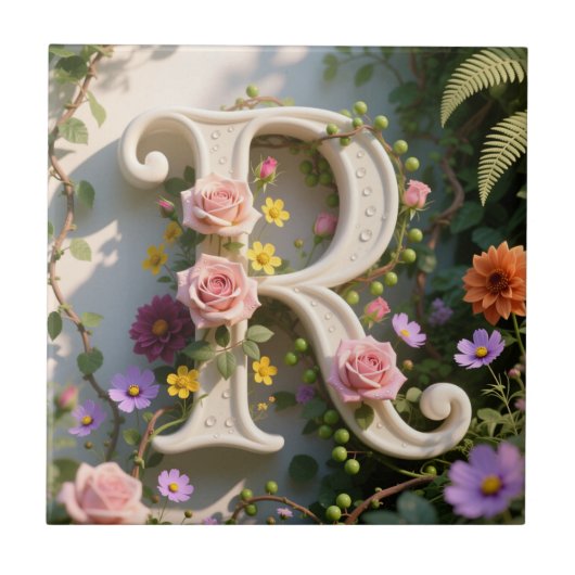 White Floral Garden Monogram Letter R Tegeltje (Voorkant)