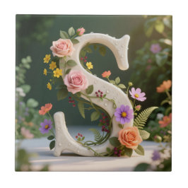 White Floral Garden Monogram Letter S Tegeltje