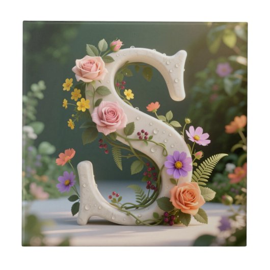 White Floral Garden Monogram Letter S Tegeltje (Voorkant)